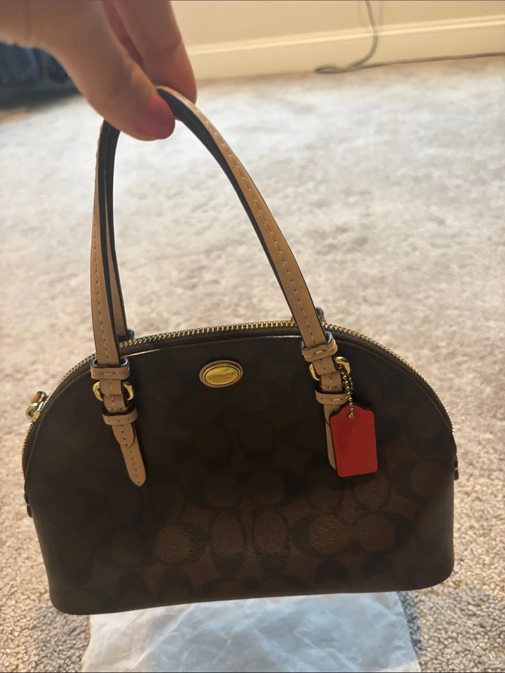 Coach Brown Signature Mini Dome Satchel with Tan Handles and Red Tag